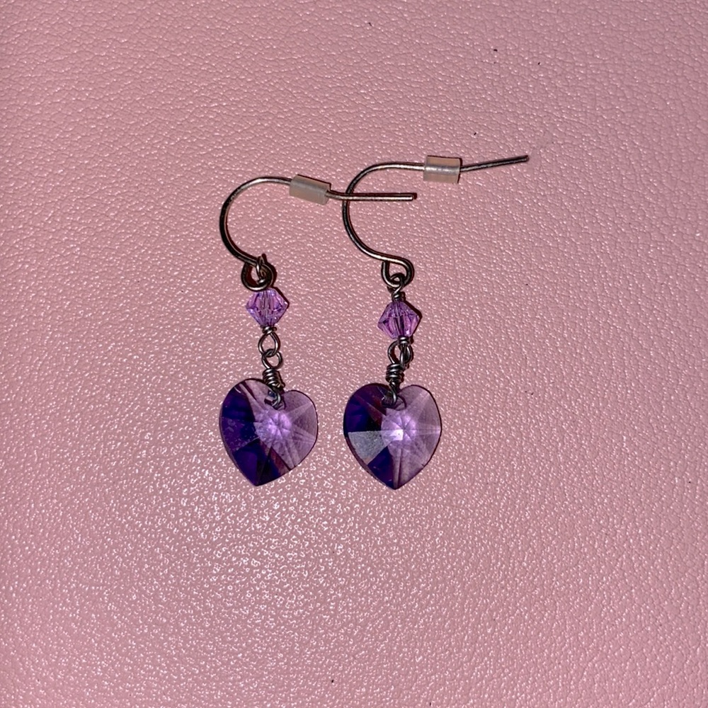 Purple Crystal Heart Earrings